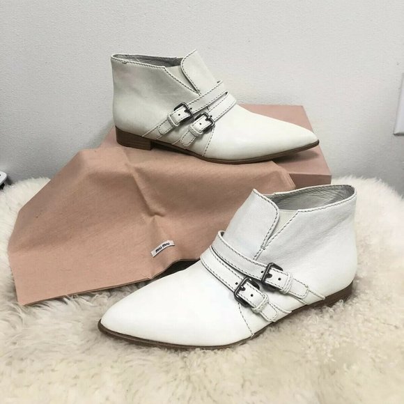 NIB Miu Miu Leather Strap Buckle Aviator Pointed Saint Laurent Ankle Boots 38.5 - Picture 1 of 8